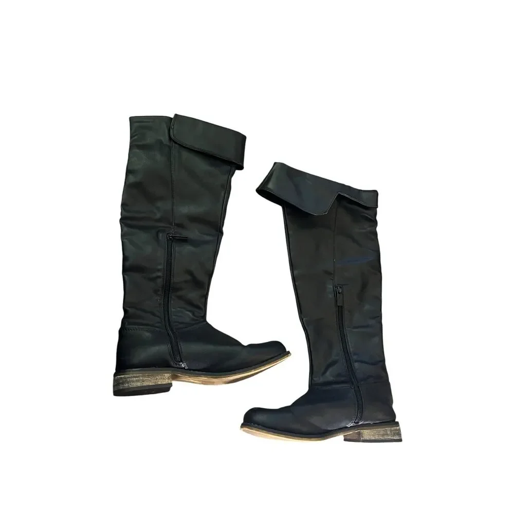 Breckelle’s Over The Knee Boots Foldover Riding Faux Leather Black 7